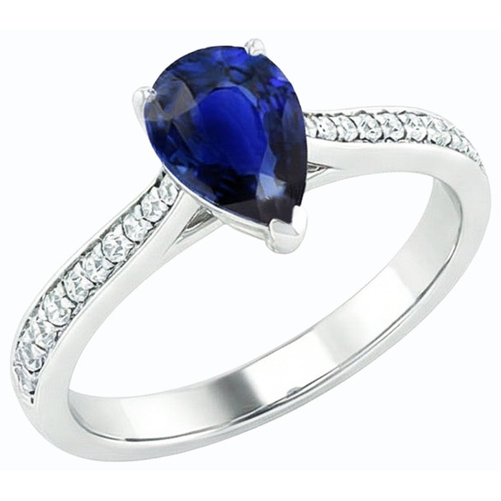 anello di fidanzamento con zaffiro pera dello Sri Lanka 3 carati e accenti di diamanti in oro bianco 14K
