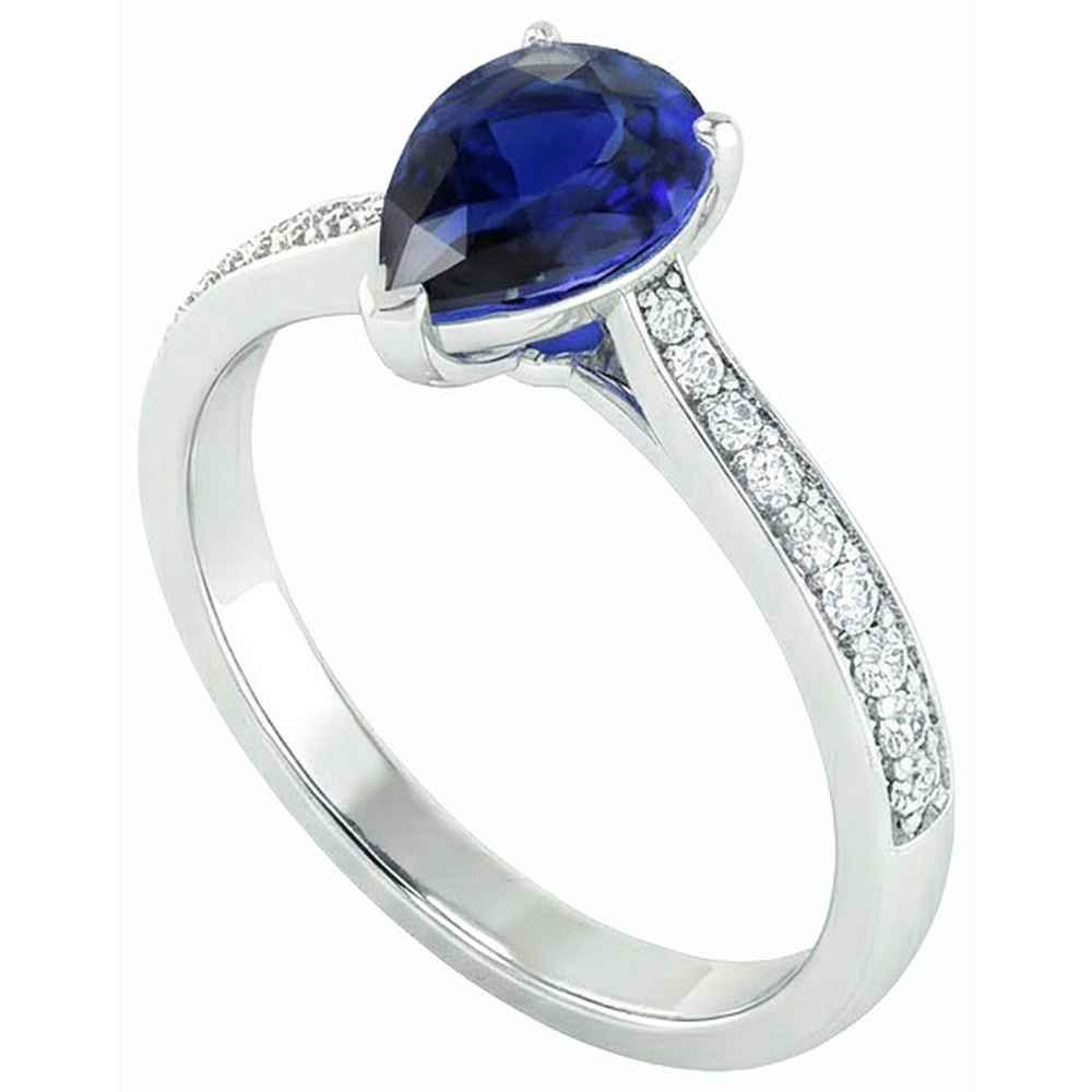 anello di fidanzamento con zaffiro pera dello Sri Lanka 3 carati e accenti di diamanti in oro bianco 14K
