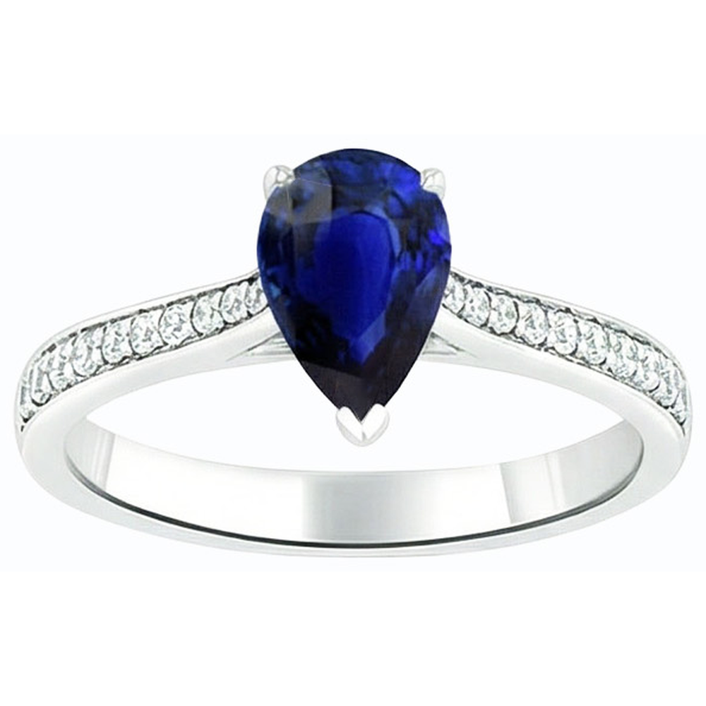 anello di fidanzamento con zaffiro pera dello Sri Lanka 3 carati e accenti di diamanti in oro bianco 14K
