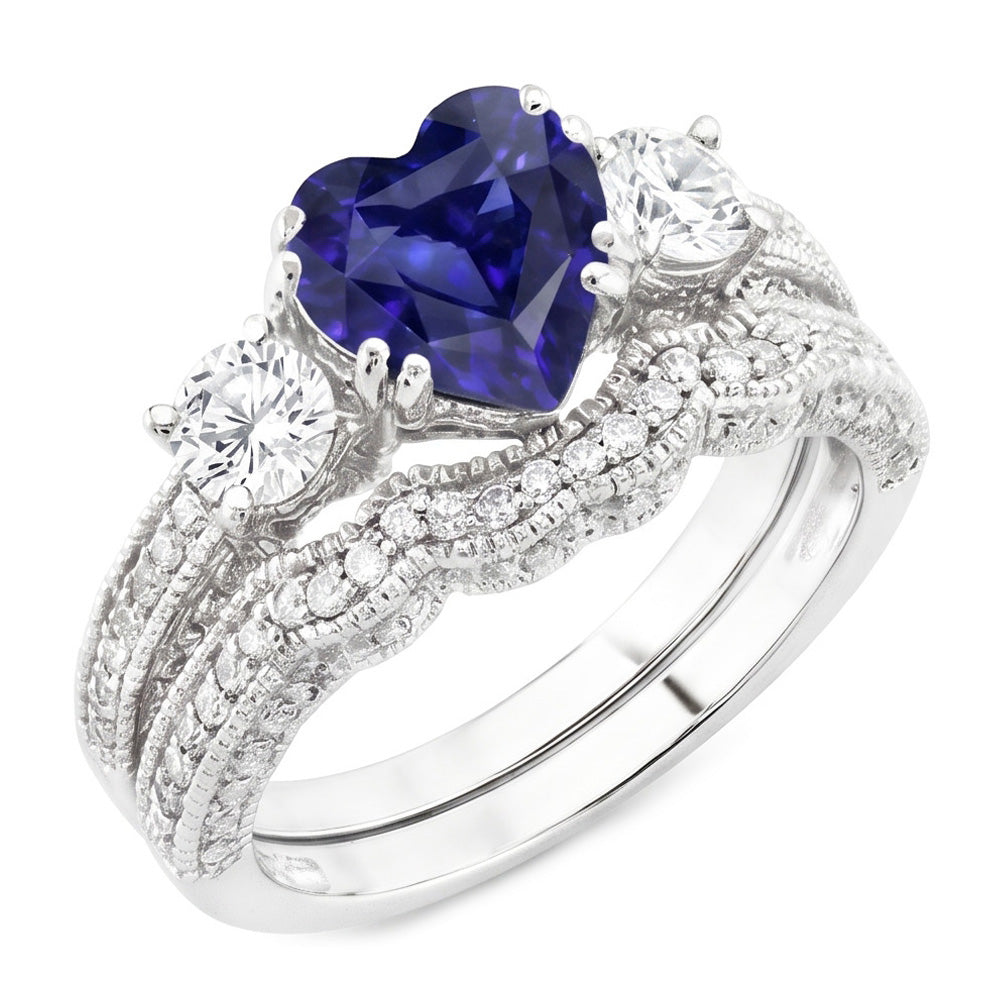 anello di fidanzamento vecchio stile 3,50 carati cuore zaffiro blu e diamante