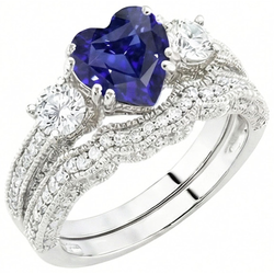 anello di fidanzamento vecchio stile 3,50 carati cuore zaffiro blu e diamante