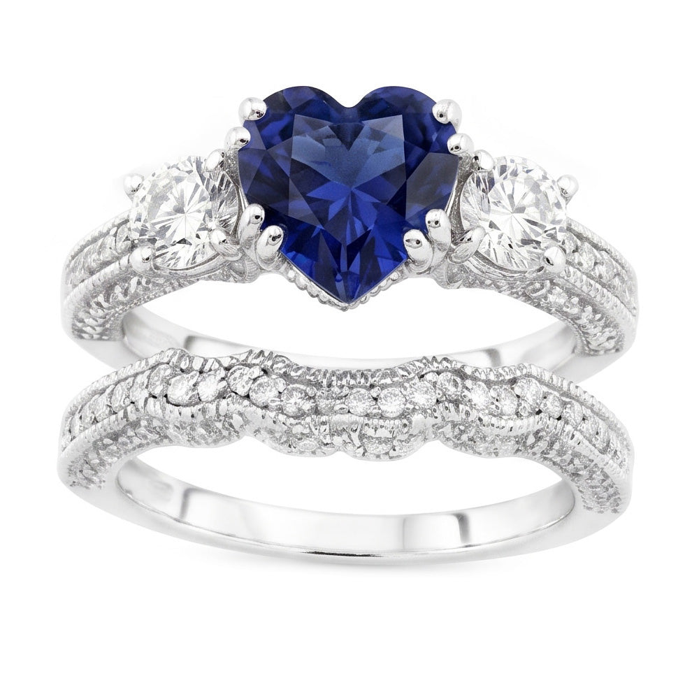 anello di fidanzamento vecchio stile 3,50 carati cuore zaffiro blu e diamante