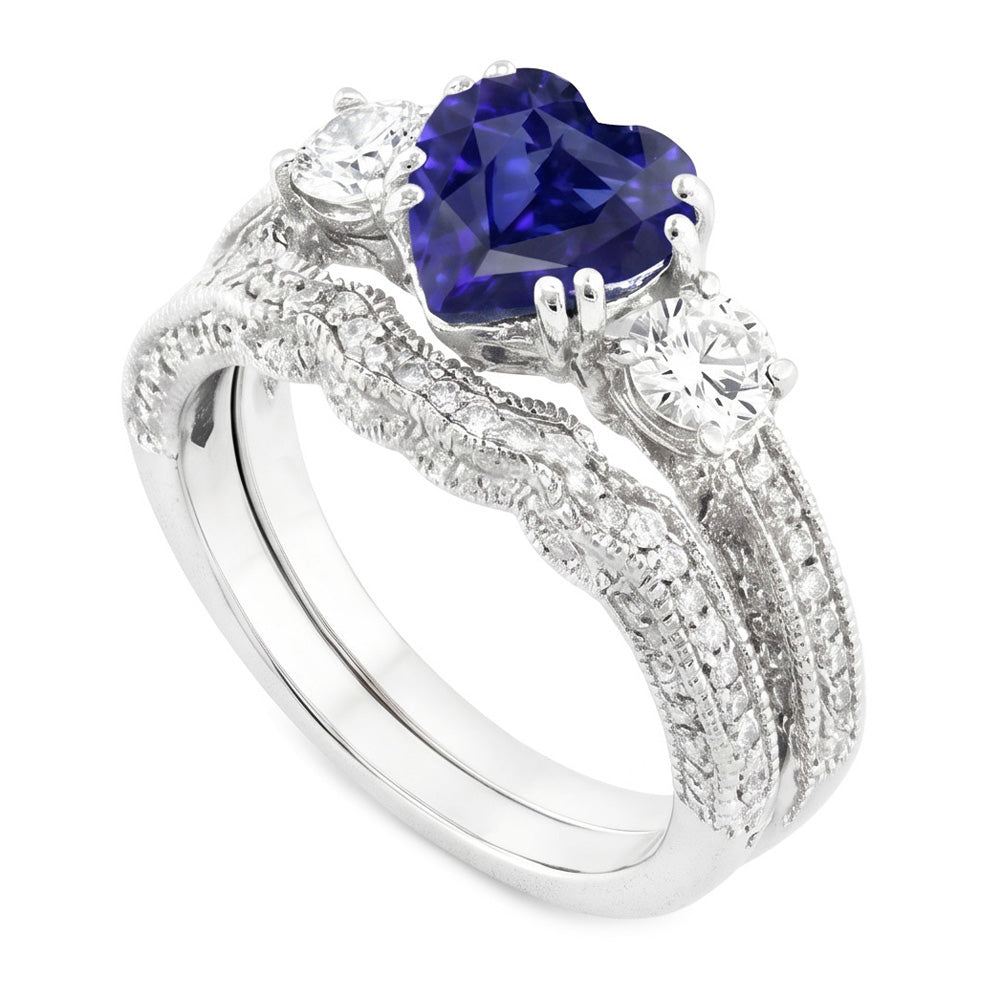anello di fidanzamento vecchio stile 3,50 carati cuore zaffiro blu e diamante