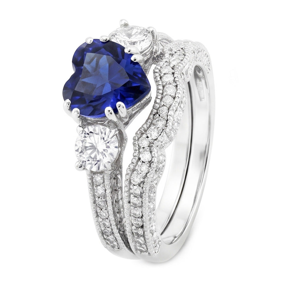 anello di fidanzamento vecchio stile 3,50 carati cuore zaffiro blu e diamante