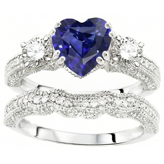 anello di fidanzamento vecchio stile 3,50 carati cuore zaffiro blu e diamante