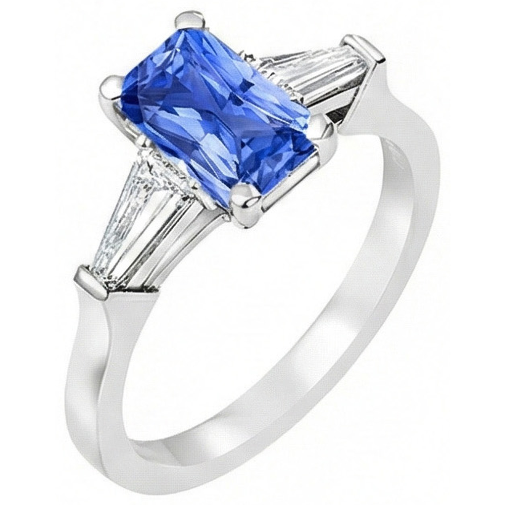 anello gioiello da donna con zaffiro blu 2 carati 3 pietre baguette affusolata in oro bianco 14K