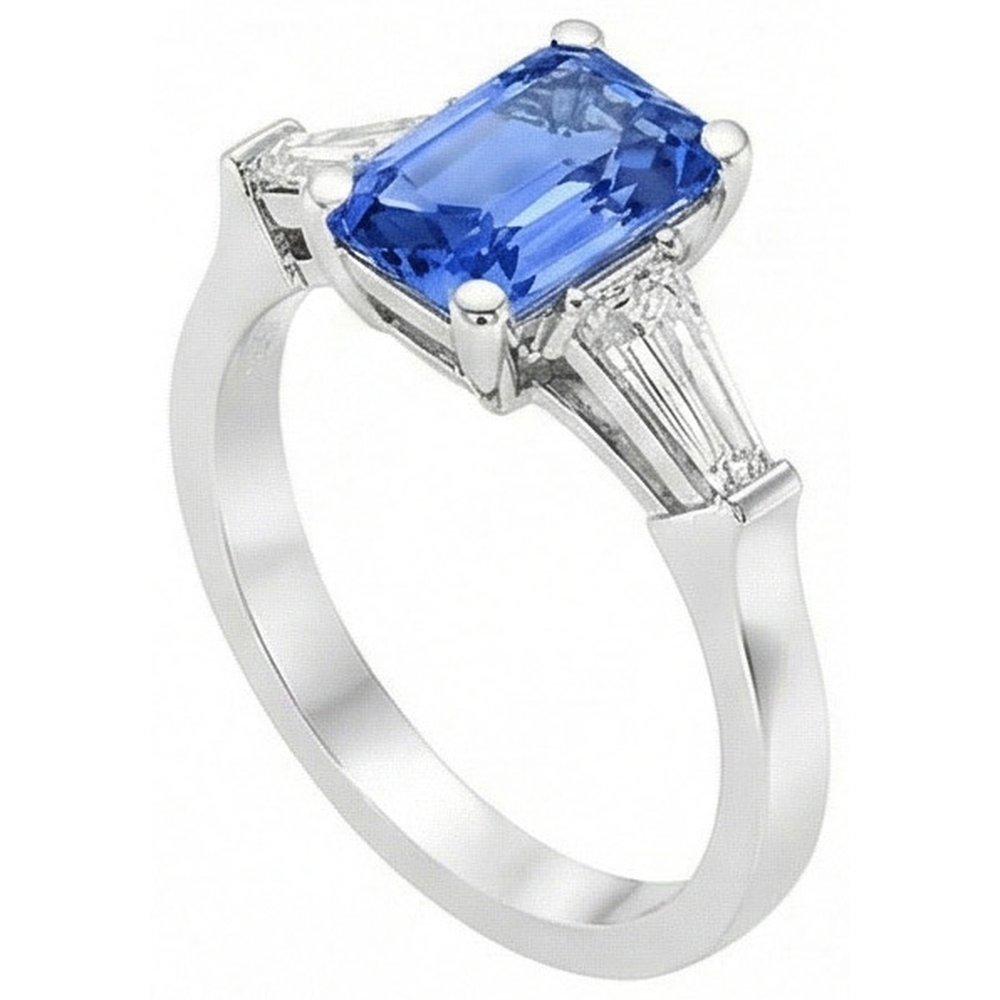 anello gioiello da donna con zaffiro blu 2 carati 3 pietre baguette affusolata in oro bianco 14K