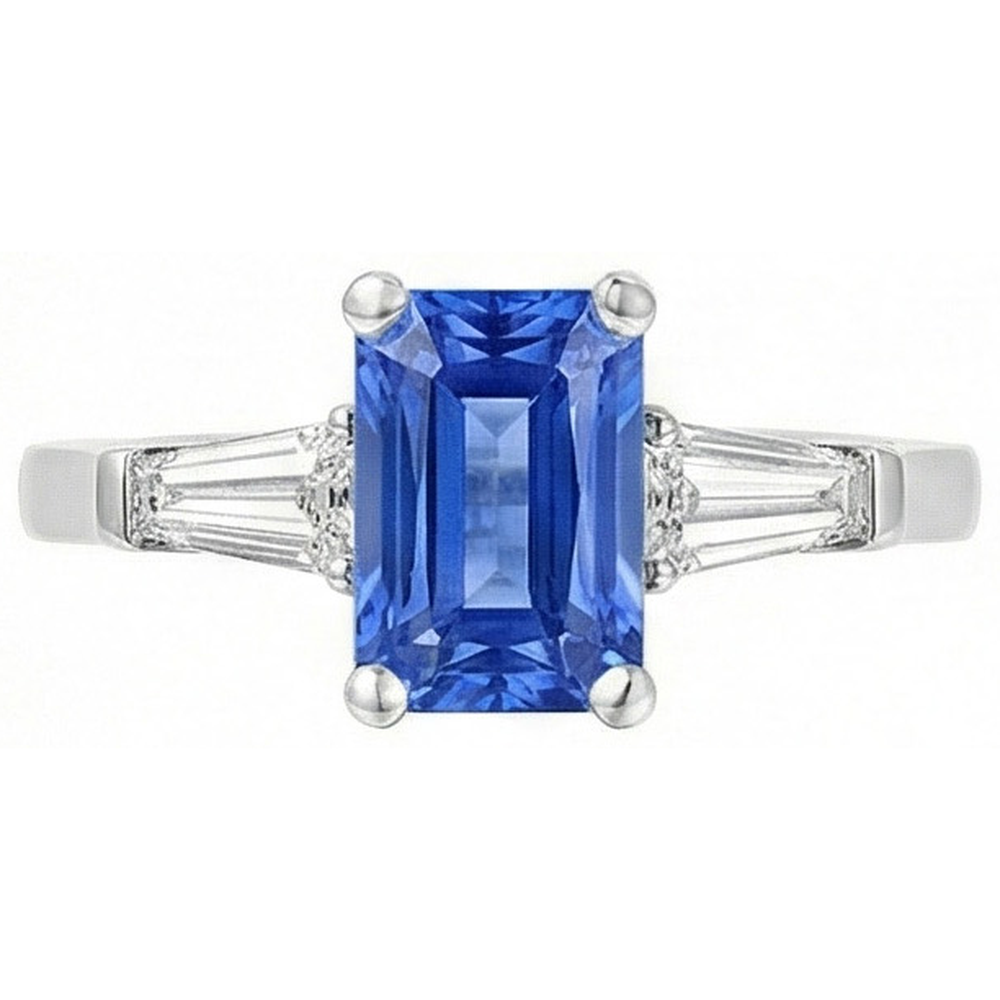 anello gioiello da donna con zaffiro blu 2 carati 3 pietre baguette affusolata in oro bianco 14K