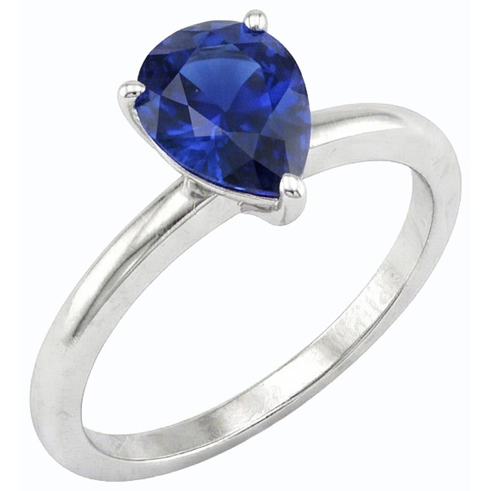 anello solitario a goccia con zaffiro blu a forma di pera da 1,50 carati in oro bianco 14K