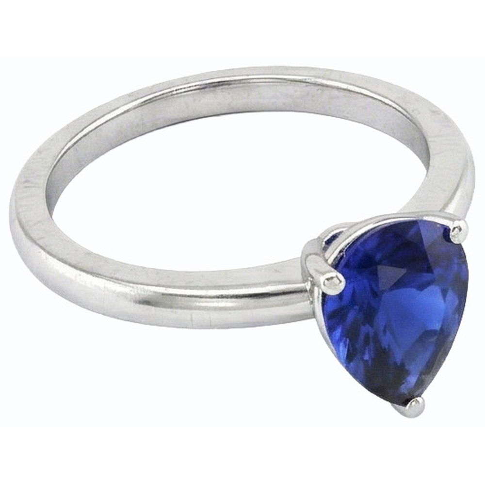 anello solitario a goccia con zaffiro blu a forma di pera da 1,50 carati in oro bianco 14K
