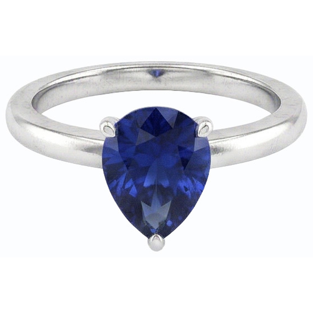anello solitario a goccia con zaffiro blu a forma di pera da 1,50 carati in oro bianco 14K