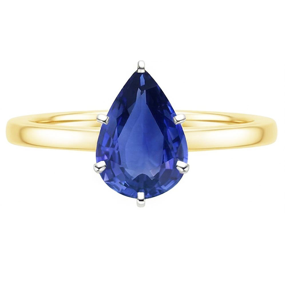 anello solitario con 2 carati Zaffiro di Ceylon pera 14 carati Oro bicolore