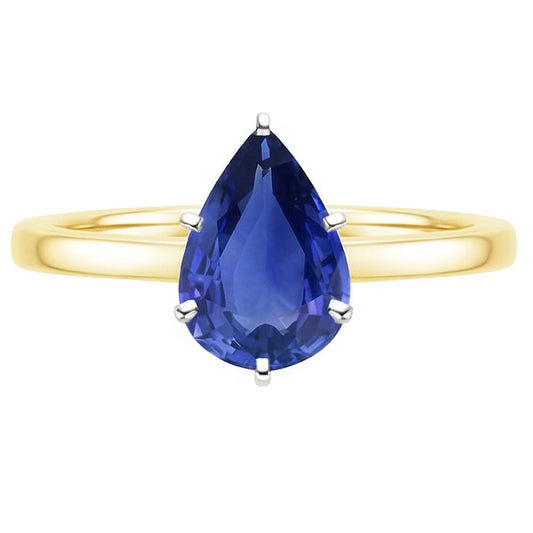 anello solitario con 2 carati Zaffiro di Ceylon pera 14 carati Oro bicolore