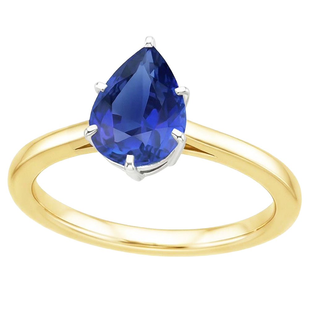 anello solitario con 2 carati Zaffiro di Ceylon pera 14 carati Oro bicolore