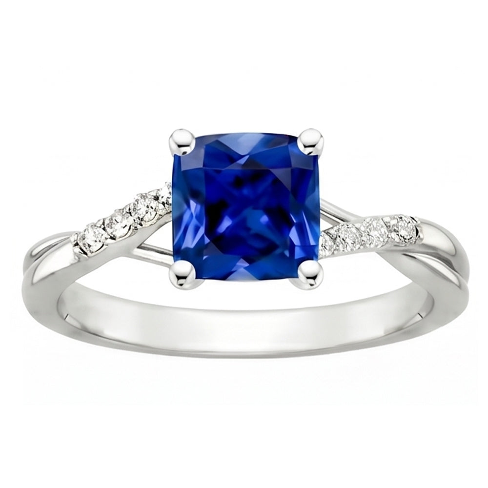 anello solitario con zaffiro blu 2,50 carati e accenti di diamante cuscino in oro bianco 14 carati