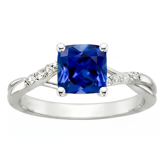 anello solitario con zaffiro blu 2,50 carati e accenti di diamante cuscino in oro bianco 14 carati