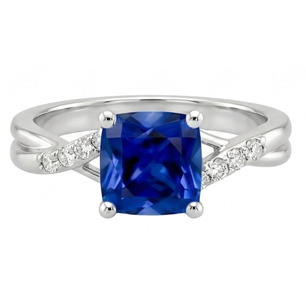 anello solitario con zaffiro blu 2,50 carati e accenti di diamante cuscino in oro bianco 14 carati
