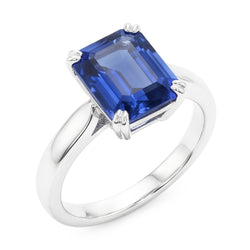 anello solitario con zaffiro blu smeraldo 3 carati set di ganasce in oro bianco 14K