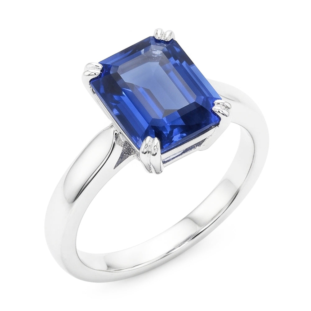 anello solitario con zaffiro blu smeraldo 3 carati set di ganasce in oro bianco 14K