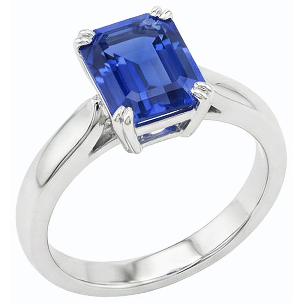 anello solitario con zaffiro blu smeraldo 3 carati set di ganasce in oro bianco 14K