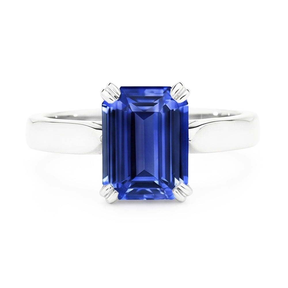 anello solitario con zaffiro blu smeraldo 3 carati set di ganasce in oro bianco 14K