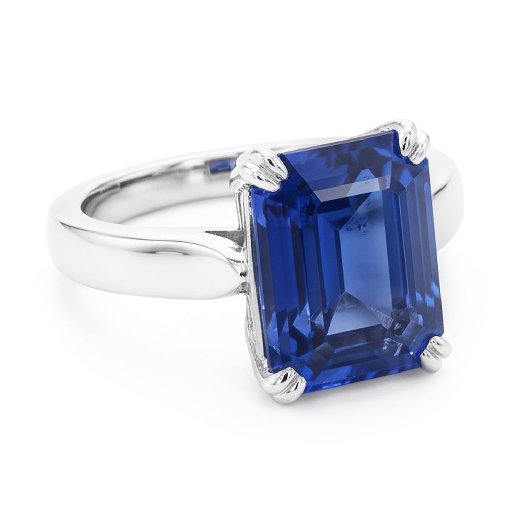 anello solitario con zaffiro blu smeraldo 3 carati set di ganasce in oro bianco 14K