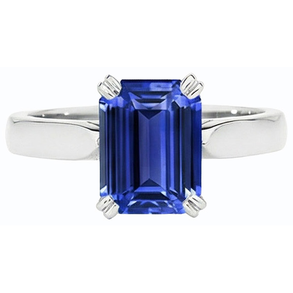 anello solitario con zaffiro blu smeraldo 3 carati set di ganasce in oro bianco 14K