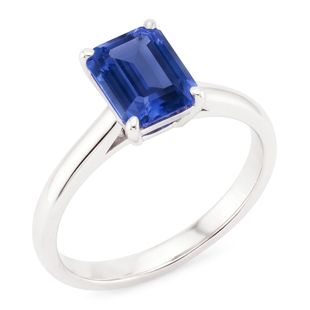 anello solitario con zaffiro blu smeraldo naturale 2 carati set di artigli in oro bianco 14K