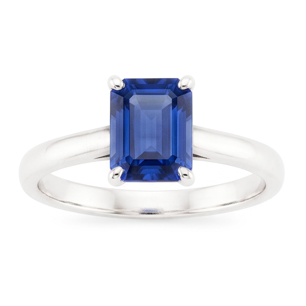 anello solitario con zaffiro blu smeraldo naturale 2 carati set di artigli in oro bianco 14K