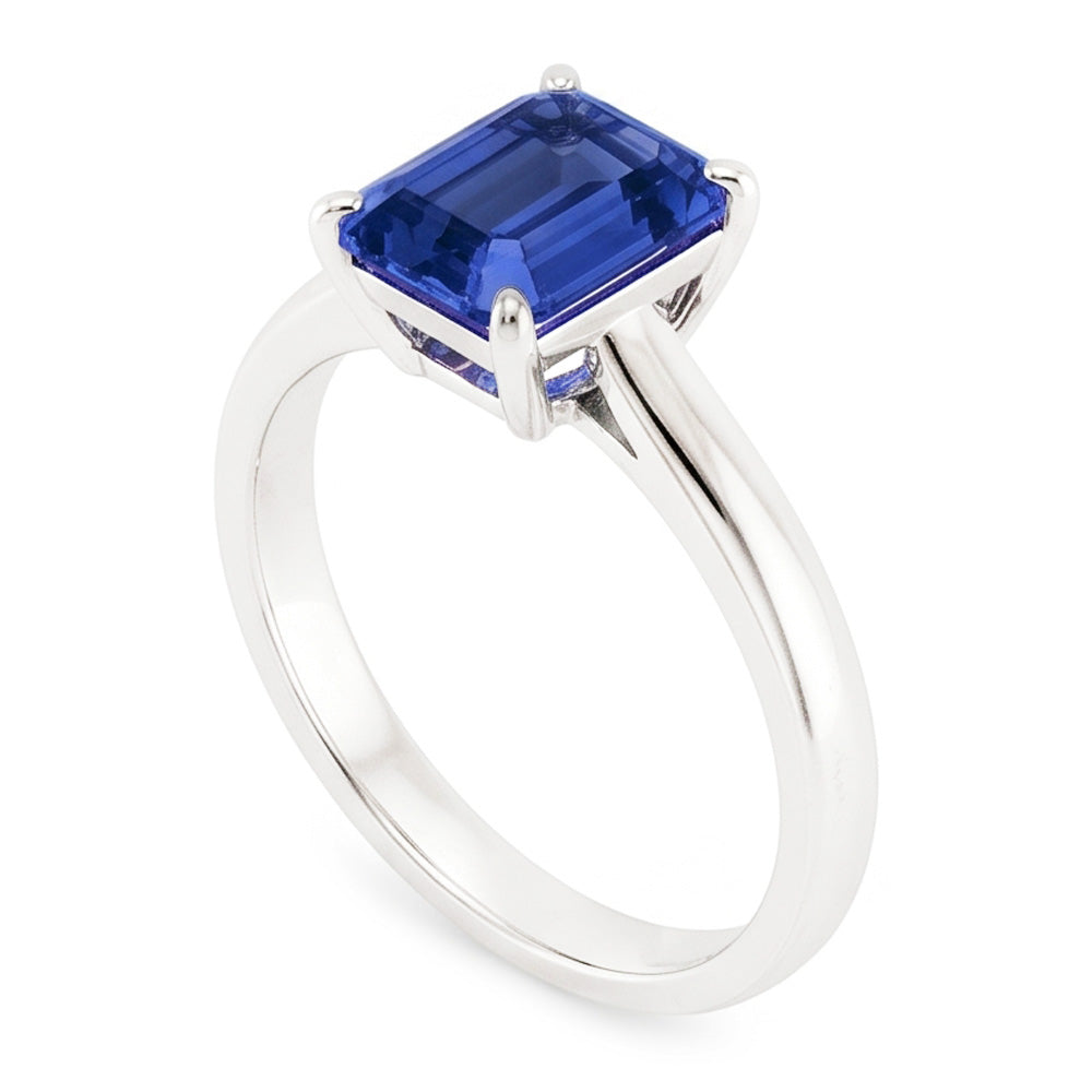 anello solitario con zaffiro blu smeraldo naturale 2 carati set di artigli in oro bianco 14K