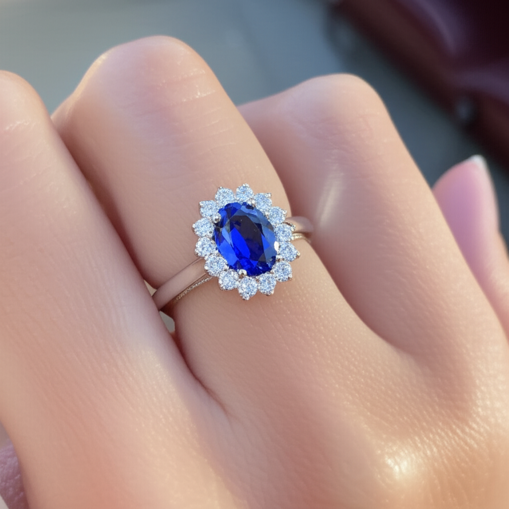 anello solitario con zaffiro da 3,70 carati e accento di diamanti in oro bianco 14 carati