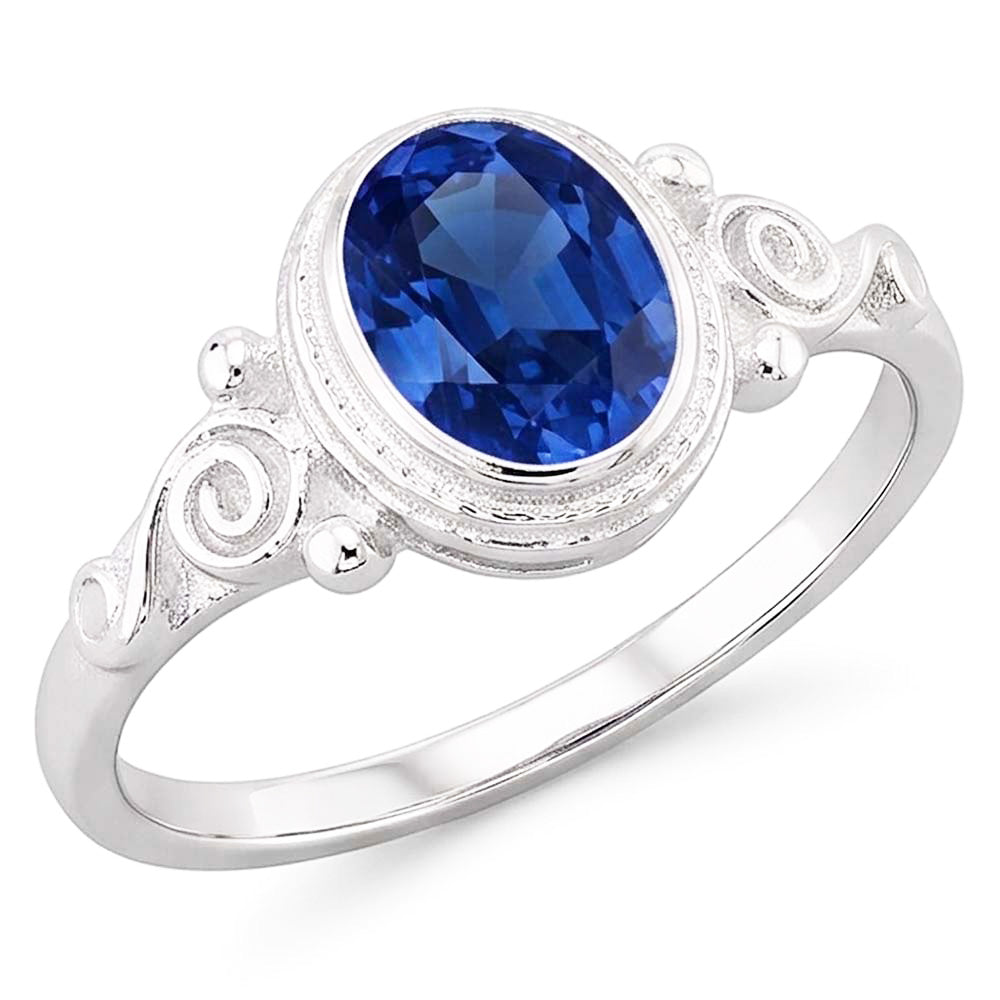 anello solitario in stile antico con zaffiro blu ovale 2 carati in oro bianco 14K