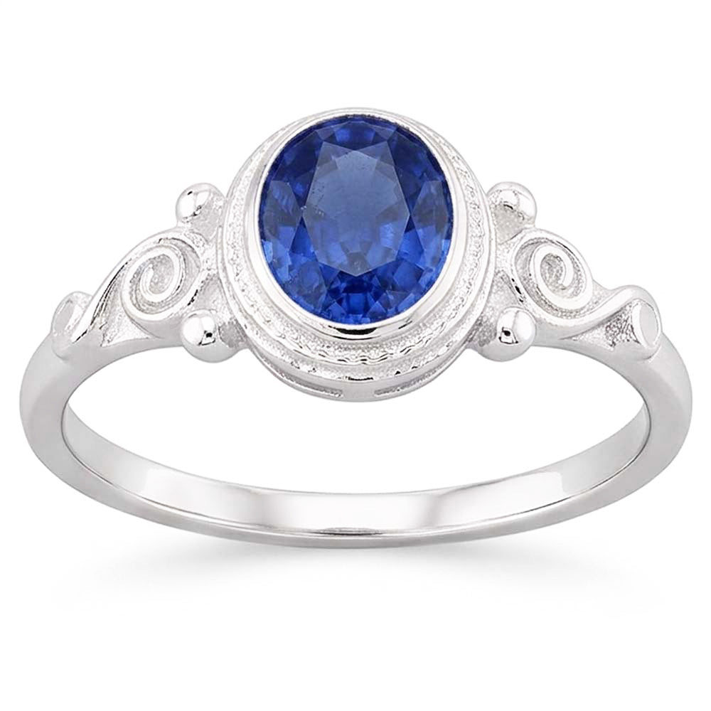 anello solitario in stile antico con zaffiro blu ovale 2 carati in oro bianco 14K
