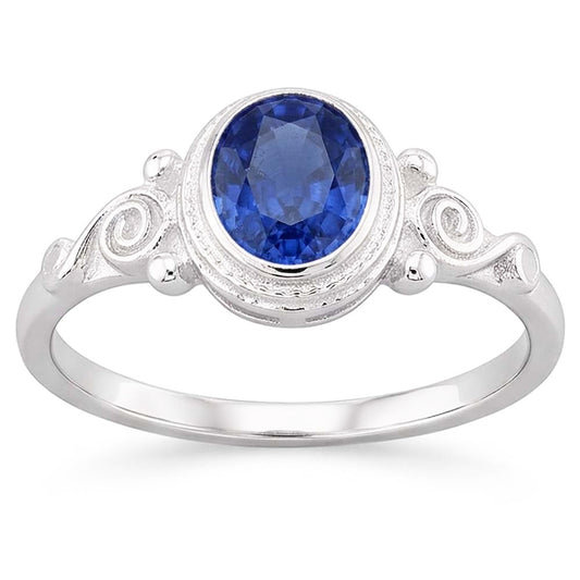 anello solitario in stile antico con zaffiro blu ovale 2 carati in oro bianco 14K