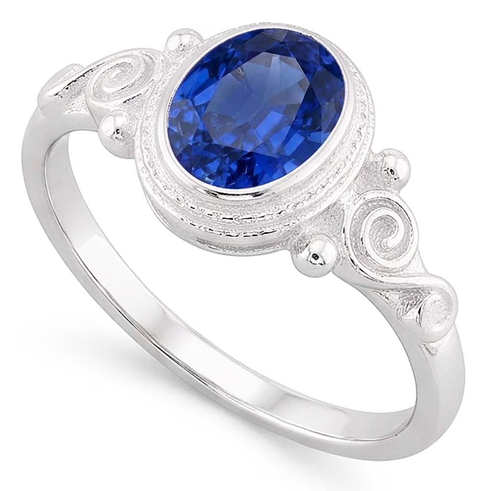 anello solitario in stile antico con zaffiro blu ovale 2 carati in oro bianco 14K