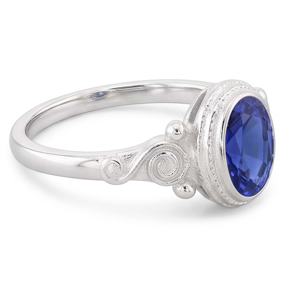 anello solitario in stile antico con zaffiro blu ovale 2 carati in oro bianco 14K