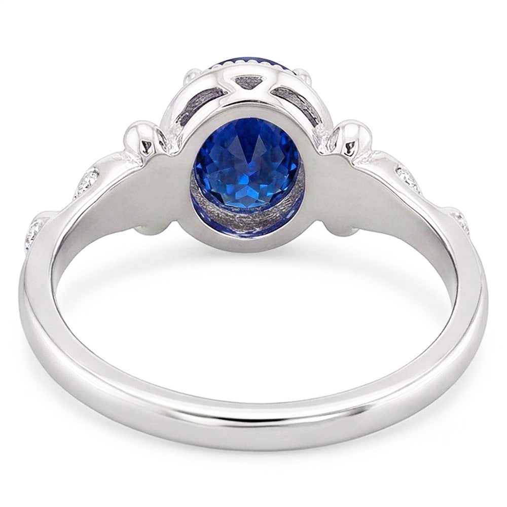 anello solitario in stile antico con zaffiro blu ovale 2 carati in oro bianco 14K