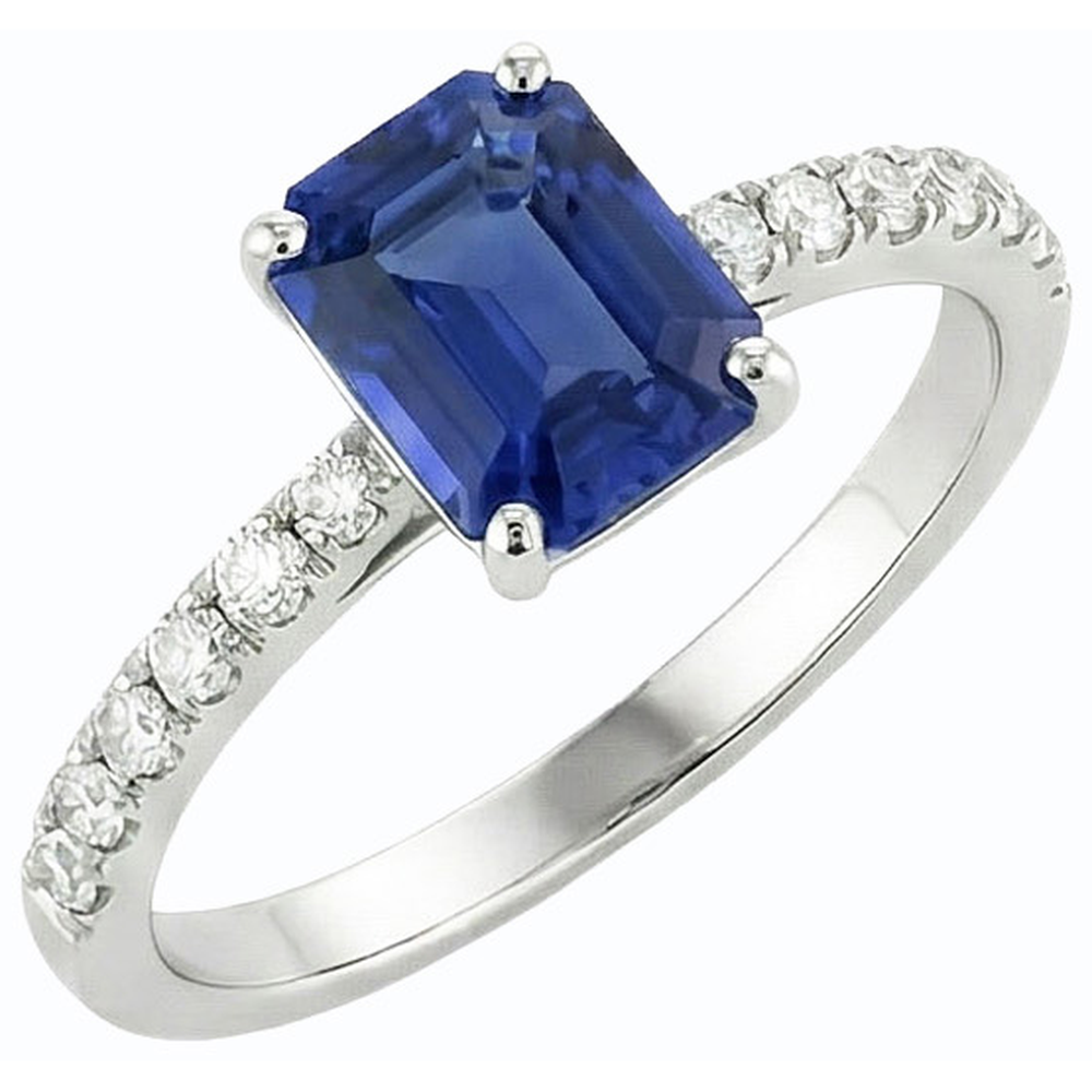 anello solitario smeraldo con zaffiro blu 2,50 carati e pavé di diamanti in oro bianco 14K