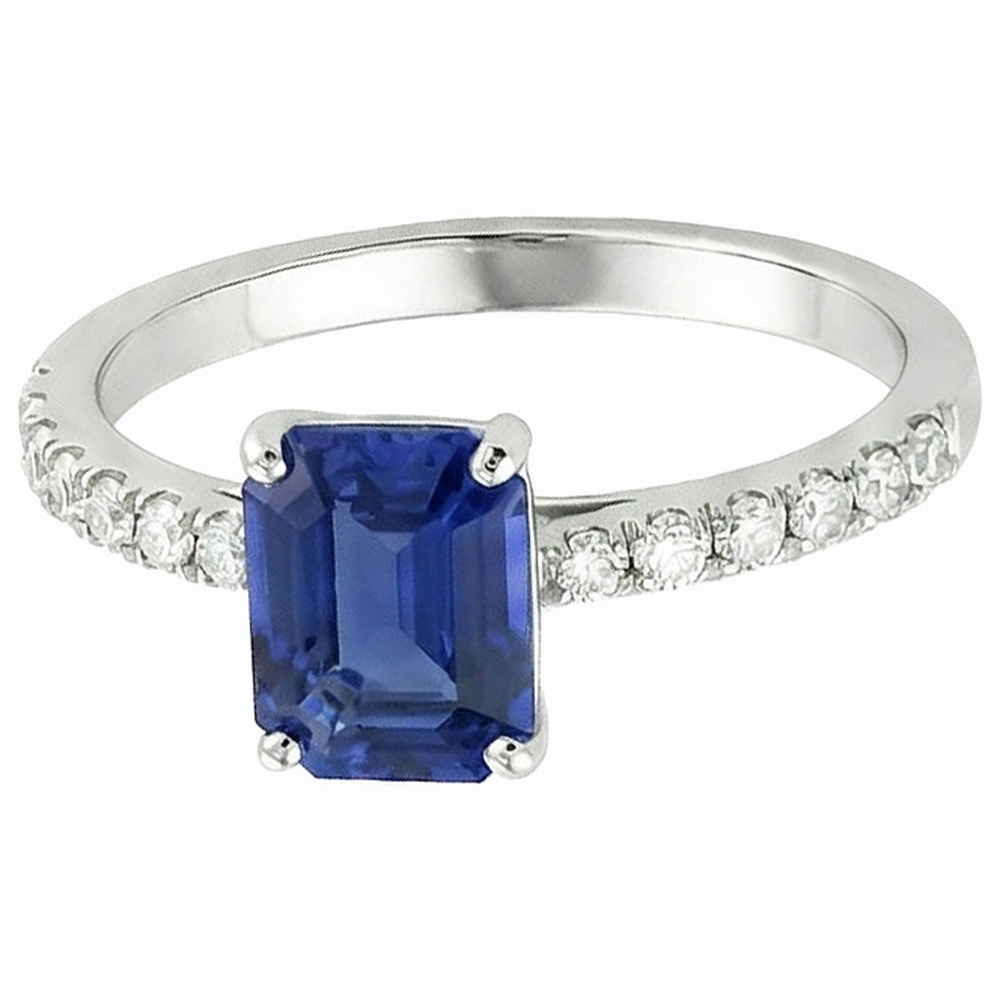 anello solitario smeraldo con zaffiro blu 2,50 carati e pavé di diamanti in oro bianco 14K
