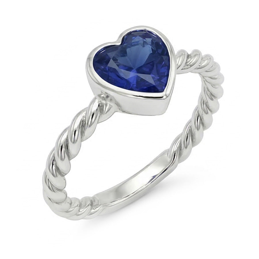 anello solitario stile corda 1,50 carati lunetta in zaffiro blu con cuore incastonato in oro bianco 14K