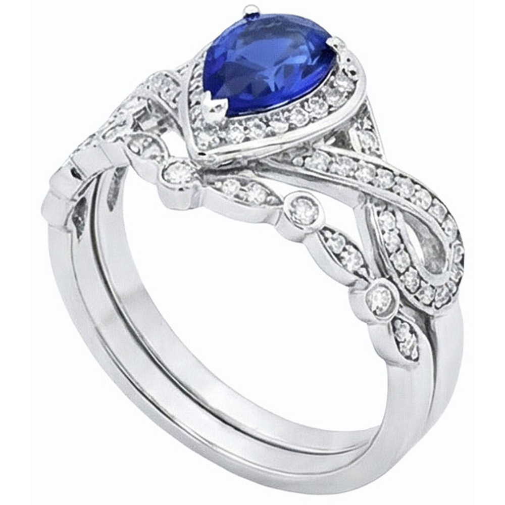 anello stile corona nuziale con zaffiro di Ceylon da 3,50 carati e diamante in oro bianco 14K