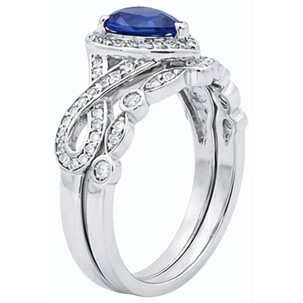 anello stile corona nuziale con zaffiro di Ceylon da 3,50 carati e diamante in oro bianco 14K