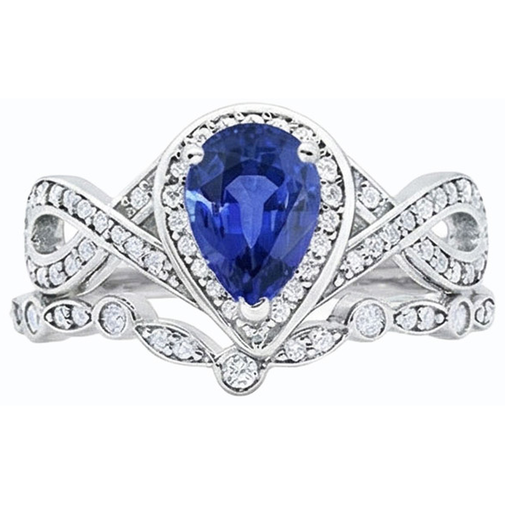 anello stile corona nuziale con zaffiro di Ceylon da 3,50 carati e diamante in oro bianco 14K