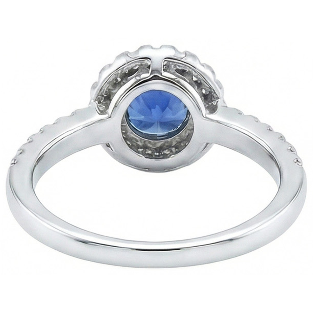 anello con zaffiro blu e diamanti dello Sri Lanka da 1,60 ct con oro bianco 14K
