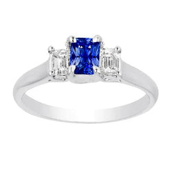anello da donna con 3 diamanti e zaffiro. set di artigli a forma di U da 1,25 carati con oro bianco 14K