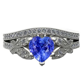 anello di fidanzamento a forma di farfalla con zaffiro cuore 3 carati Diamante Oro bianco 14K