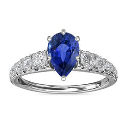 anello di fidanzamento con zaffiro blu da 3,50 carati Diamanti a forma di pera in oro bianco 14K