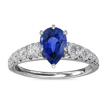 anello di fidanzamento con zaffiro blu da 3,50 carati Diamanti a forma di pera in oro bianco 14K