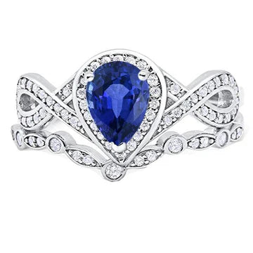 anello stile corona nuziale con zaffiro di Ceylon da 3,50 carati e diamante in oro bianco 14K