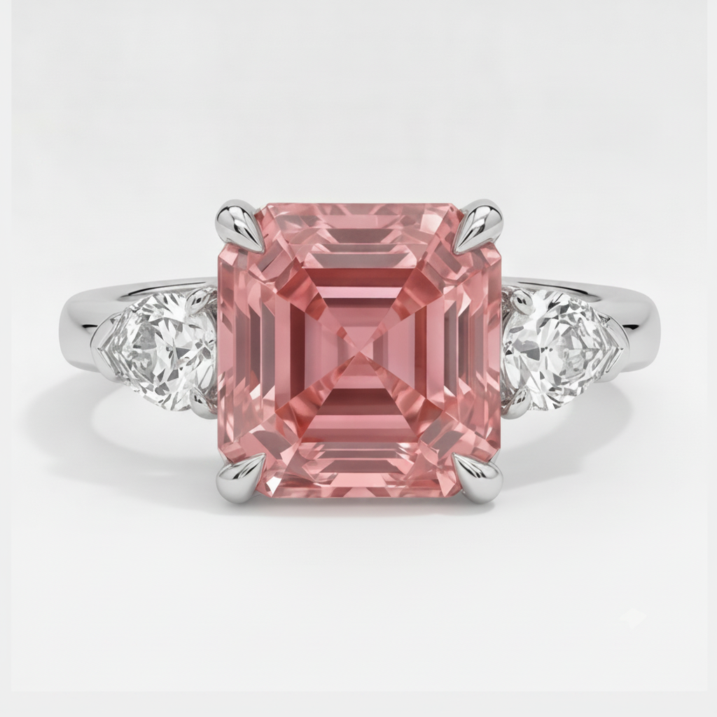 Anello a tre pietre in platino con zaffiro Padparadscha autentico taglio Asscher da 3,6 carati e trilliant bianchi